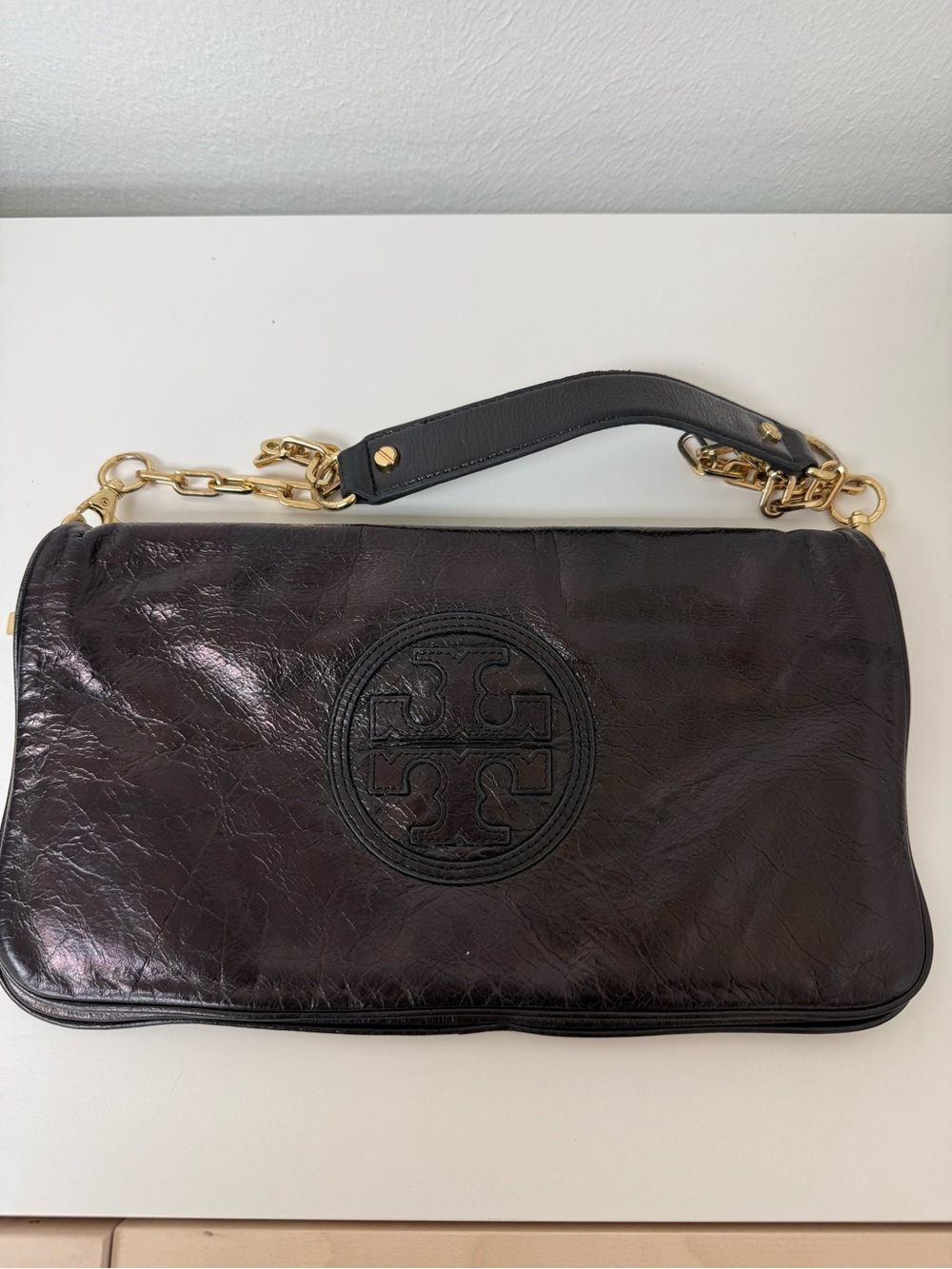 Tory Burch Black Embossed Reva Leather Shoulder Bag